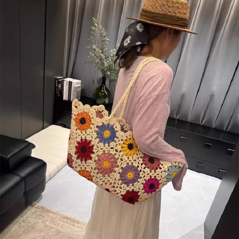 Crochet Market Bag - Vintage bloemen handgemaakte breien gehaakte schoudertas